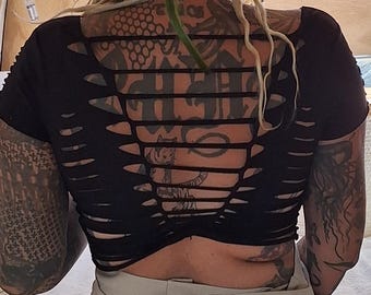 S/Meter top t-shirt black cutouts cut out goa pixie slit psy trance burning woven yoga weave elf geometric pattern hooping festival pixie