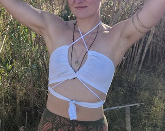 One size natural white linen crop top bustier bikini cutout cut out yoga goa psy ethno boho graphic fire save pattern batik psi festival pole dance
