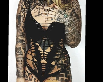 XS-XL Bodysuit cutout cut out cutouts fetish gogo festival black punk goa psy sacred pole yoga dance weave slit alzahea hooping firesafe