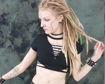 XS-4XL black t-shirt croptop shredded batik top tanktop cutouts cut out goa pixie braided psy yoga elf fairy knotted peepshow magic