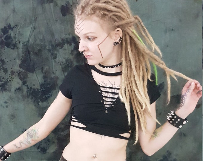 XS-4XL black t-shirt croptop shredded batik top tanktop cutouts cut out goa pixie braided psy yoga elf fairy knotted peepshow magic