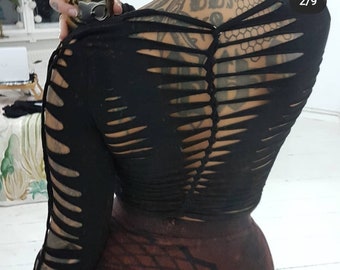 XS-4XL longsleeve crop top cotton black cutouts cutout goa pixie forest psy boho burning gothic weave lacing slit festival
