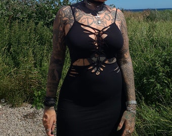 XS-M short dress gothic edgy skirt cutouts cut out goa pixie psy burning lacing tattoo elf pattern festival party woven