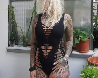 XS-XL Bodysuit cutout cut out cutouts fetish gogo festival black punk goa psy sacred pole yoga dance weave slit alzahea hooping firesafe