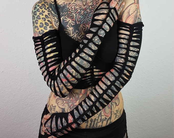 XS-4XL arm warmers sleeves black white cutouts cut out graphic geometric goa pixie gypsy festival party gogo firedancer slit weave