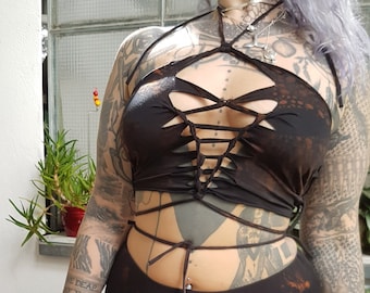 XS-xxL black brown croptop cutout cut out ombre batik top tanktop yoga goa psy ethno boho graphic fire save pattern psi festival halterneck