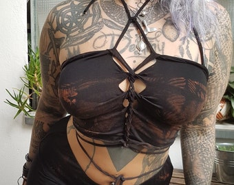 XS-L black brown croptop cutout cut out ombre batik top tanktop yoga goa psy ethno boho graphic fire save pattern psi festival halterneck