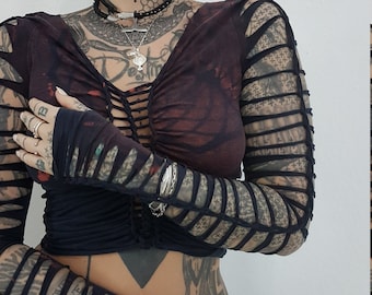 XS-4XL black croptop ombre top longsleeve shirt cutouts cut out goa pixie psy woven lacing elf fairy geometric pattern nymph gothic punk