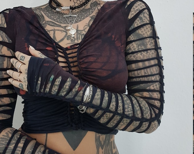 XS-4XL black croptop ombre top longsleeve shirt cutouts cut out goa pixie psy woven lacing elf fairy geometric pattern nymph gothic punk