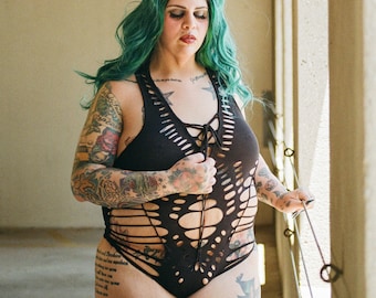 XS-XL Bodysuit cutout cut out cutouts fetish gogo festival black punk goa psy sacred pole yoga dance weave slit alzahea hooping firesafe