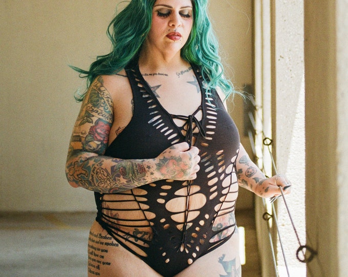 XS-XL Bodysuit cutout cut out cutouts fetish gogo festival black punk goa psy sacred pole yoga dance weave slit alzahea hooping firesafe