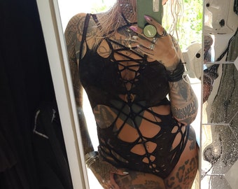 XS-XL Bodysuit cutout cut out cutouts fetish gogo festival black punk goa psy sacred pole yoga dance weave slit alzahea hooping firesafe