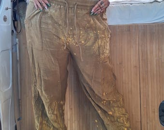 S-XL loose long trousers made of muslin cotton beige hippie boho brown goa pixie ombre psy burning cosplay yoga pattern batik sacred rave