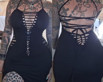 Maxi dress, maxi dress, lace-up, cutouts, long dress, gothic, edgy, rock, goa, pixie, psy, burning tattoo, elf, pattern, festival, party, woven