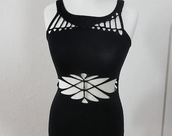 XS-XL top tank top black cutouts cut out goa pixie psy burning gogo lacing trance pattern knotted woven slit festival party
