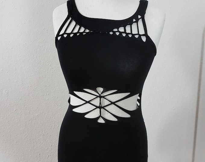 XS-XL top tank top black cutouts cut out goa pixie psy burning gogo lacing trance pattern knotted woven slit festival party