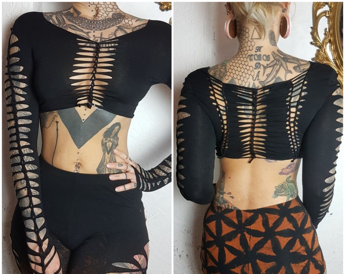XS-4XL long sleeve long sleeve shirt black crop top long sleeve shirt belly free cut out goa psy trance boho hippie punk festival flower of life