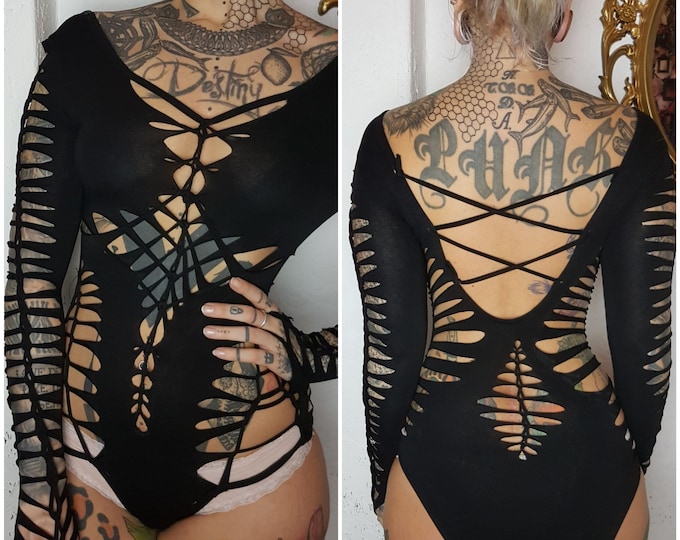 XS-XL black Leotard Bodysuit Body Catsuit cutouts cut out goa pixie psy burning yoga ribbons lacing tattoo knotted geometric festival