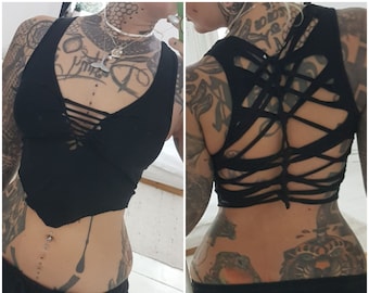 XS-4XL crop top black top tank top bustier bralet bra bra bralette bandeau balconette crop bikini cutout cut out peepshow slit weave goa