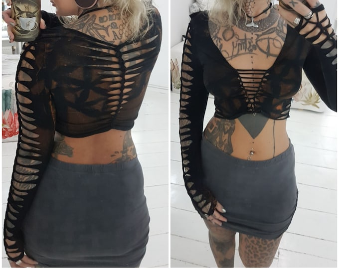 XS-4XL long sleeve long sleeve shirt black crop top long sleeve shirt belly free cut out goa psy trance boho hippie punk festival flower of life