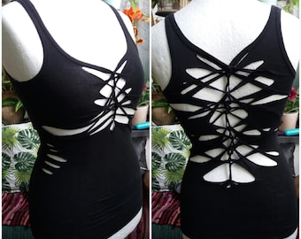 XS-4XL top tank top black cutouts cut out goa pixie slit psy trance burning woven yoga weave elf geometric pattern hooping festival pixie
