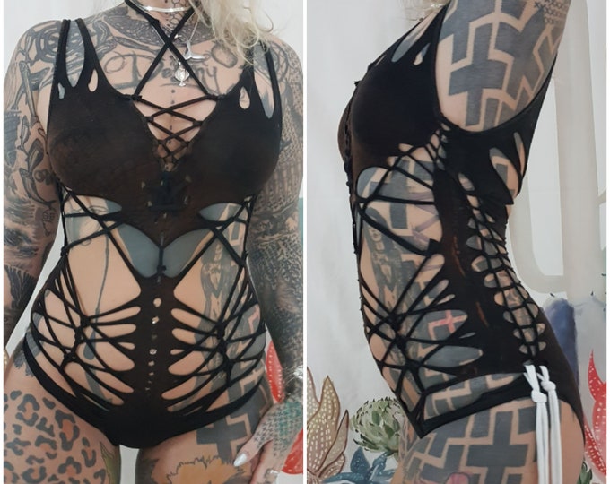 XS-XL Bodysuit cutout cut out cutouts fetish gogo festival black punk goa psy sacred pole yoga dance weave slit alzahea hooping firesafe