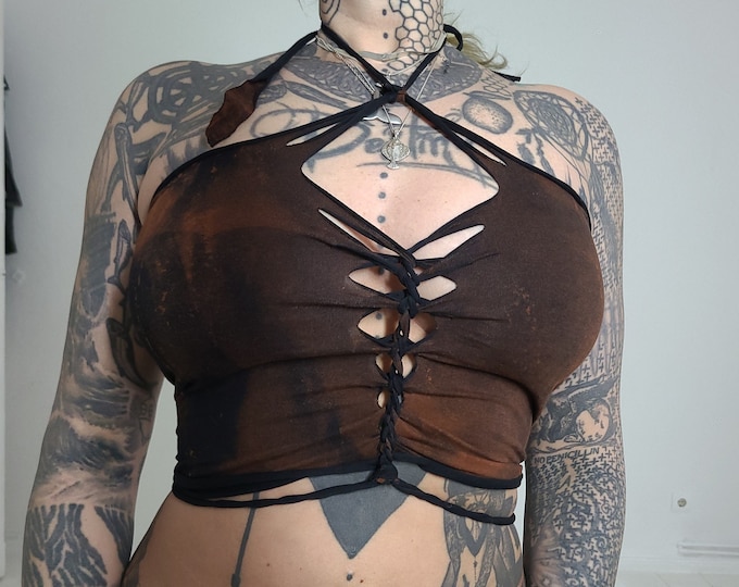 XS-xxL black brown croptop cutout cut out ombre batik top tanktop yoga goa psy ethno boho graphic fire save pattern psi festival halterneck