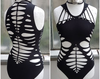 XS-XL black leotard bodysuit body catsuit cutouts cut out goa pixie psy gogo psi slit yoga poledance hooping dance weave festival gothic