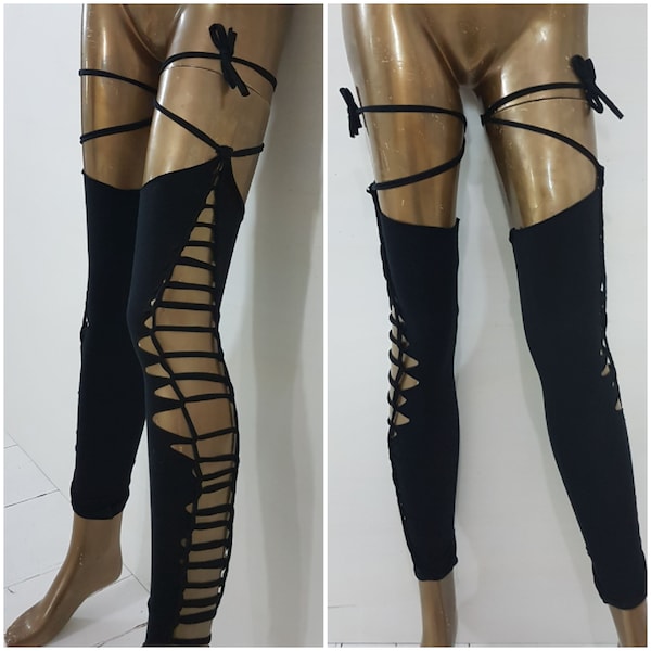 XS-4XL black cuffs cutout cut out overknees stayups goa slit weave peepshow woven festival burning pixie firedance poledance psy