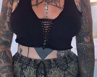 M top tank top black cutouts cut out goa pixie slit psy trance burning woven yoga weave elf geometric pattern hooping festival pixie