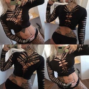 XS-4XL black croptop ombre top longsleeve shirt cutouts cut out goa pixie psy woven lacing elf fairy geometric pattern nymph gothic punk