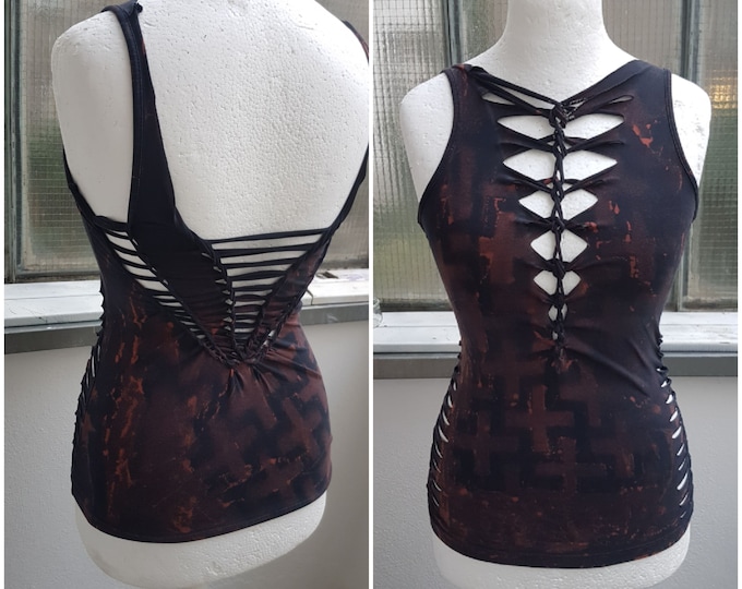 XS-4XL black t-shirt croptop shredded batik top tanktop cutouts cut out goa pixie braided psy yoga elf fairy knotted peepshow magic