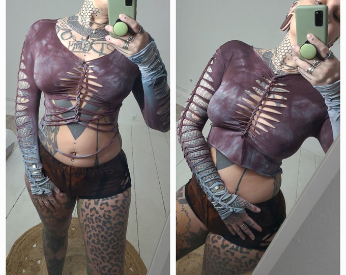 XS-4XL black croptop ombre top longsleeve shirt cutouts cut out goa pixie psy woven lacing elf fairy geometric pattern nymph gothic punk