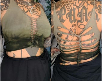 S-L green racerback olive croptop cutout cut out ombre batik top tanktop yoga goa psy ethno boho graphic fire save psi festival pole dance
