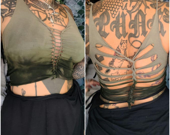 S-L green racerback olive croptop cutout cut out ombre batik top tanktop yoga goa psy ethno boho graphic fire save psi festival pole dance