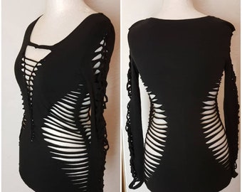 XS-4XL longsleeve top tank top black cutouts cut out goa pixie psy burning cosplay yoga grafic elf fairy knotted wasteland steampunk pattern