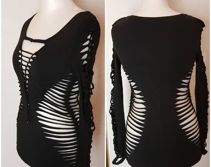 XS-4XL longsleeve top tank top black cutouts cut out goa pixie psy burning cosplay yoga grafic elf fairy knotted wasteland steampunk pattern