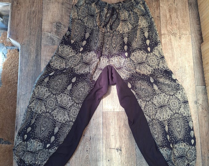 S-XL loose long harem pants cotton viscose gold beige hippie boho brown goa pixie ombre psy burning cosplay yoga pattern batik sacred