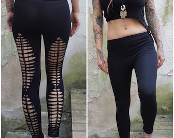Size L ready to ship backcut leggings black cutouts cut out goa pixie braided psy burning yoga lacing geometric pattern rave