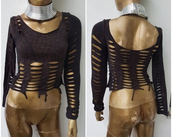 XS-4XL Croptop shredded black brown ombre top longsleeve shirt cutouts cut out goa pixie psy woven slit elf fairy geometric pattern nymph