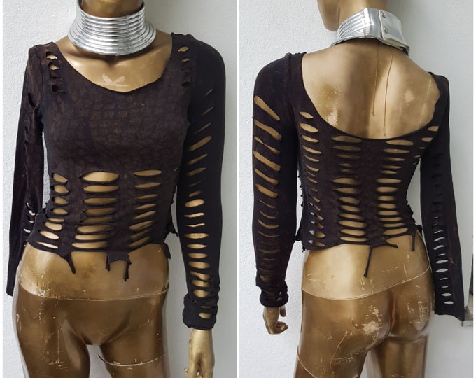 XS-4XL Croptop shredded black brown ombre top longsleeve shirt cutouts cut out goa pixie psy woven slit elf fairy geometric pattern nymph