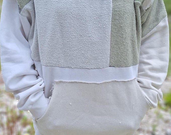 Oversize green sage beige white hoody hoodie sweater patchwork goa pixie psy woven lacing elf fairy geometric pattern nymph punk