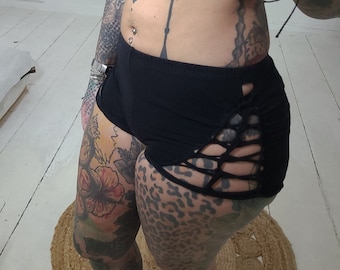 XS-4XL black short shorts hot pants cotton black cutouts cutout goa pixie forest psy boho burning gothic weave lacing slit festival