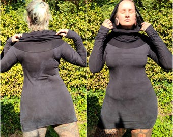 S-L Sweater Dress Hoody Unique short dress gothic edgy rock goa pixie psy burning lacing tattoo elf pattern festival party woven