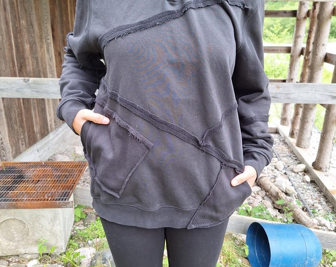 Oversize black hoodie sweatshirt patchwork goa pixie psy woven lacing elf fairy geometric pattern nymph gothic punk