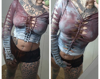 XS-4XL black croptop ombre top longsleeve shirt cutouts cut out goa pixie psy woven lacing elf fairy geometric pattern nymph gothic punk