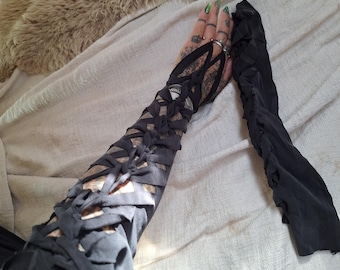 XS-4XL arm warmers silk sleeves sleeves black cutouts cut out graphic geometric goa pixie gypsy festival party gogo firedancer slit weave