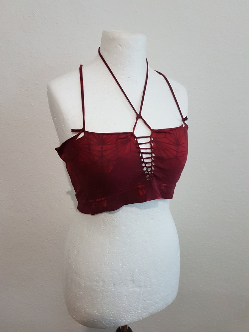 M-L Croptop red fire bustier bralet bra bralette bandeau balkonette belly-free bikini cutout cut out peepshow slit wave wave