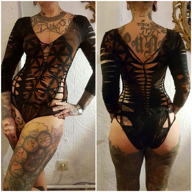 ML black leotard bodysuit body catsuit cutouts cut out goa pixie psy burning yoga ribbons lacing tattoo knotted liflower geometric