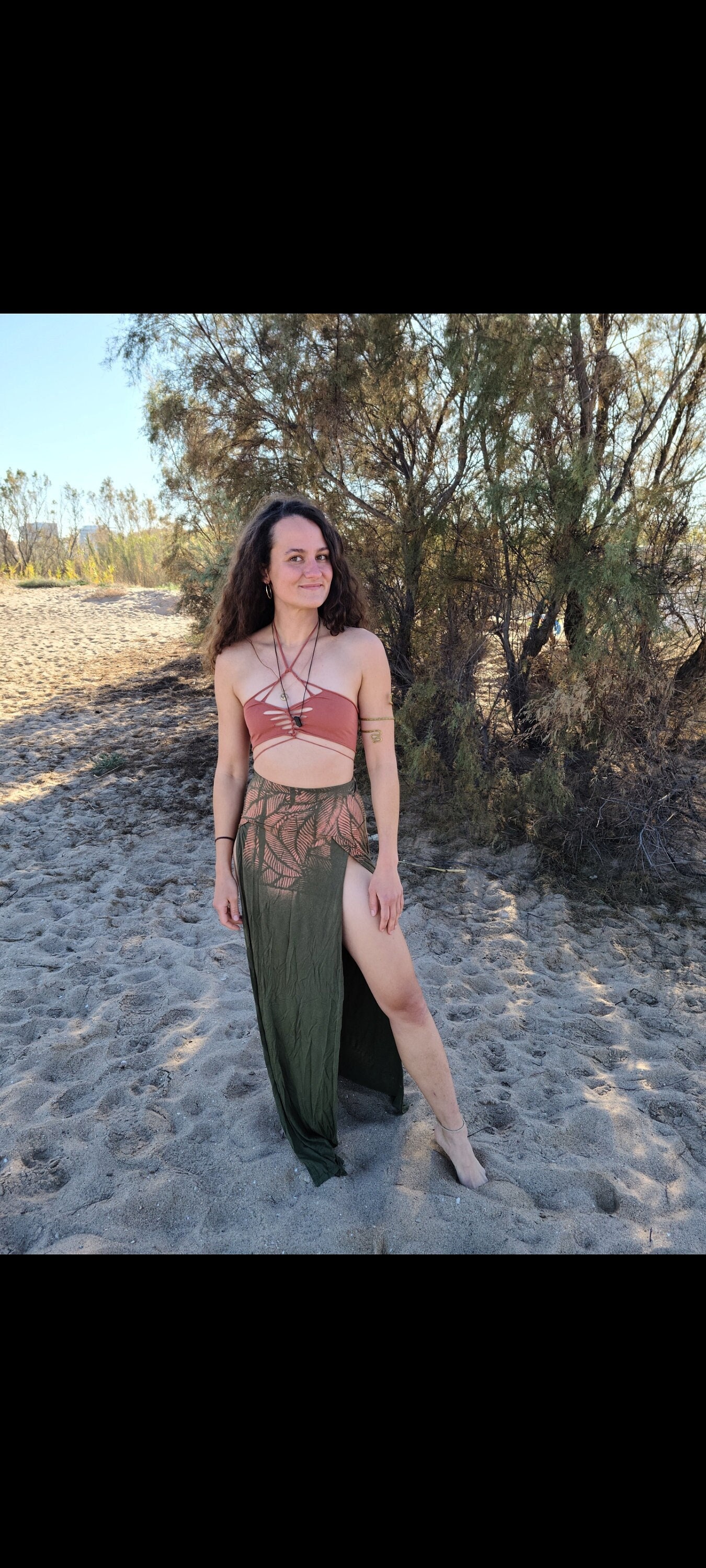 M Long Skirt Maxi Skirt Olive Green Edgy Cutouts Cut Out Goa Pixie Psy  Burning Lacing Tattoo Elf Pattern Festival Party Woven 